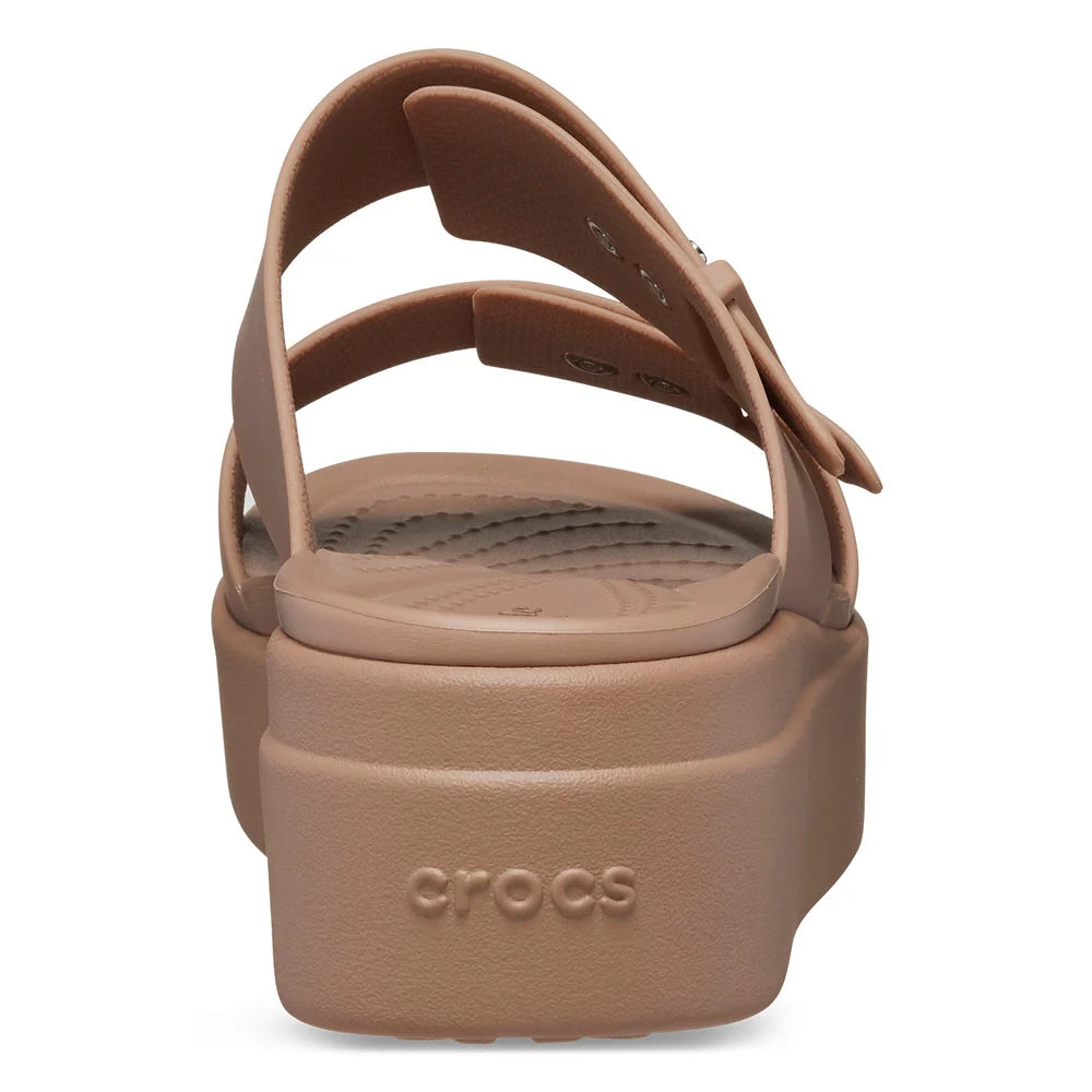 Crocs Womens Brooklyn Buckle Low Wedge Sandals In Latte