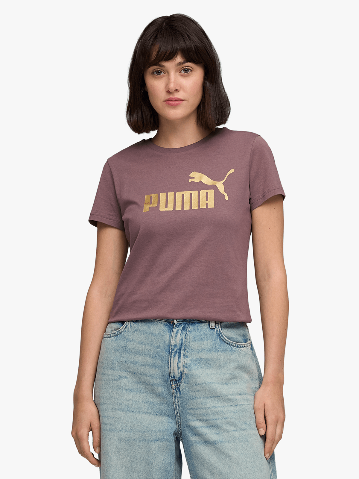 Puma Womens Essential Metallic Logo T-Shirt In Raison