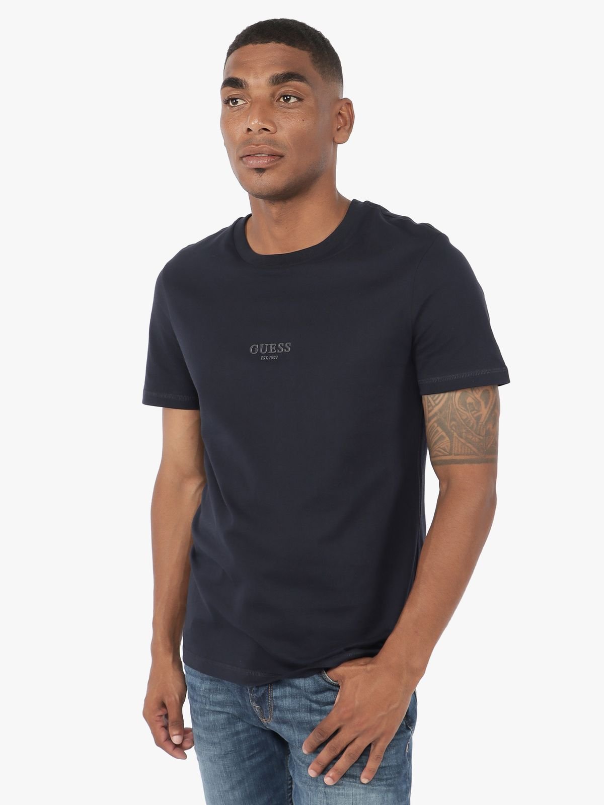 Guess Mens Aidy Cn Short Sleeves T-Shirt In Navy