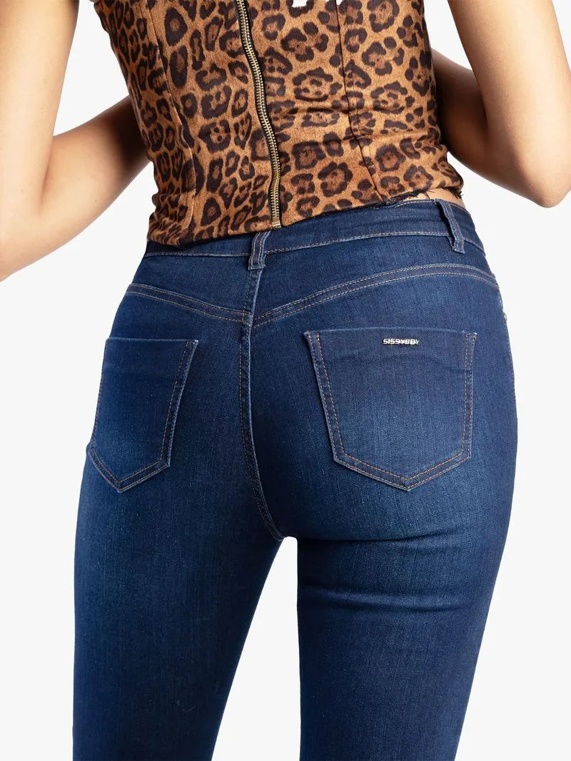 Sissy boy Womens Mid Waist Skinny Jeans In Dark Vintage