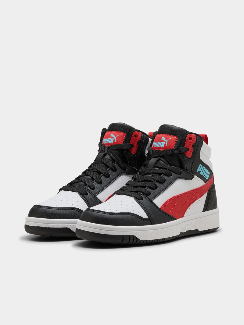Puma Boys Rebound V6 Mid Jr Sneakers In Black/White/Red