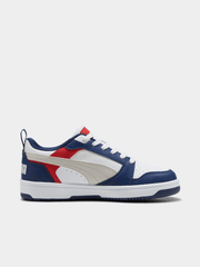 Puma Boys Rebound V6 Lo Jr Shoes In White and Blue