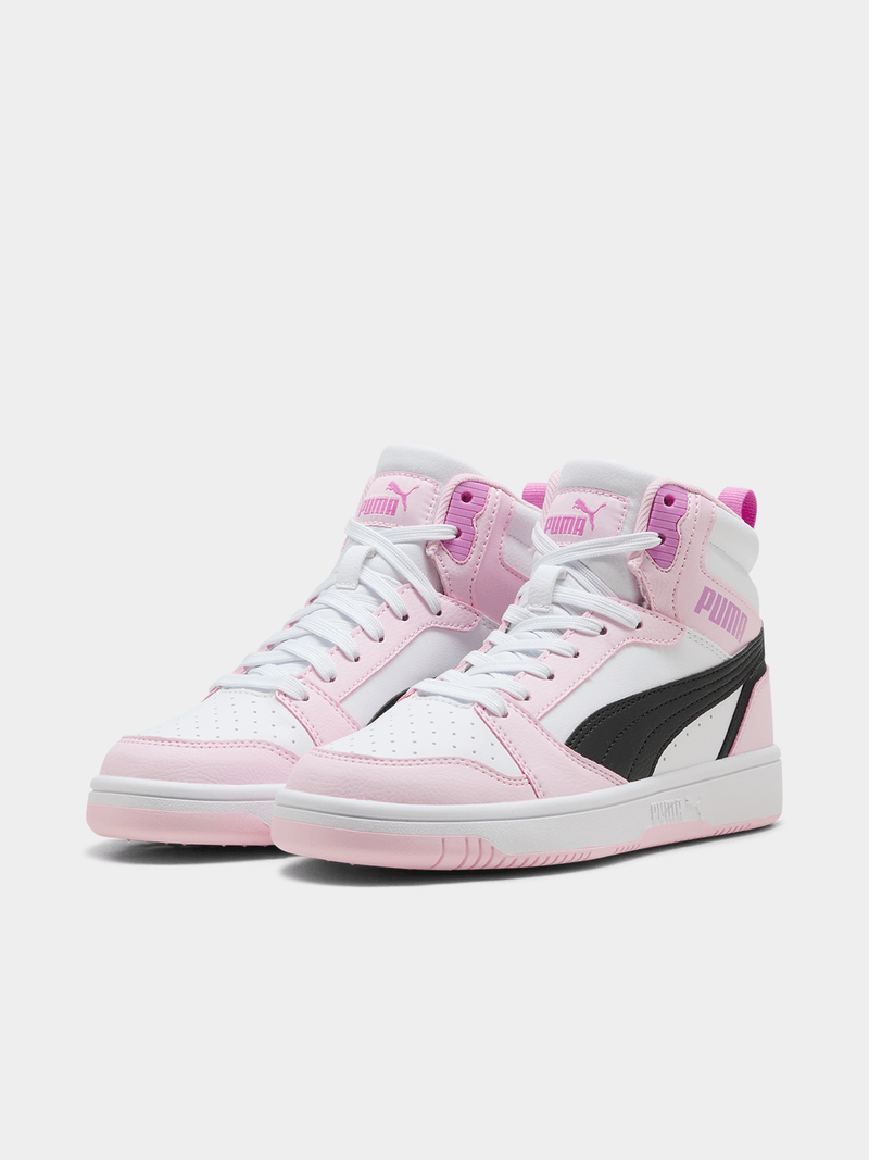 Puma Girls Rebound V6 Mid Jr Sneakers In White And Pink