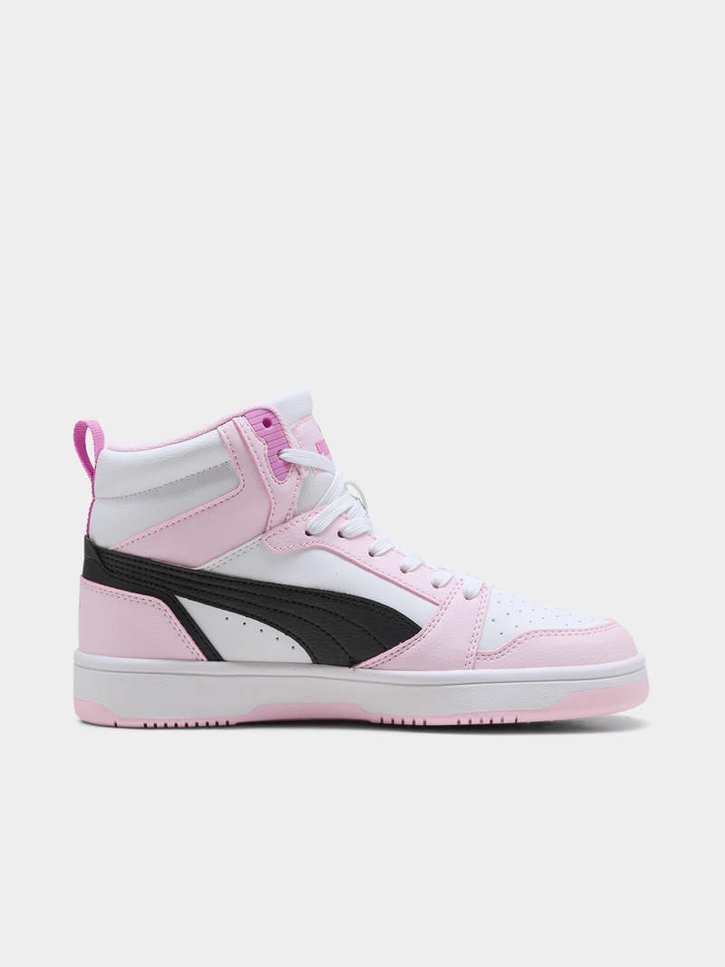 Puma Girls Rebound V6 Mid Jr Sneakers In White And Pink