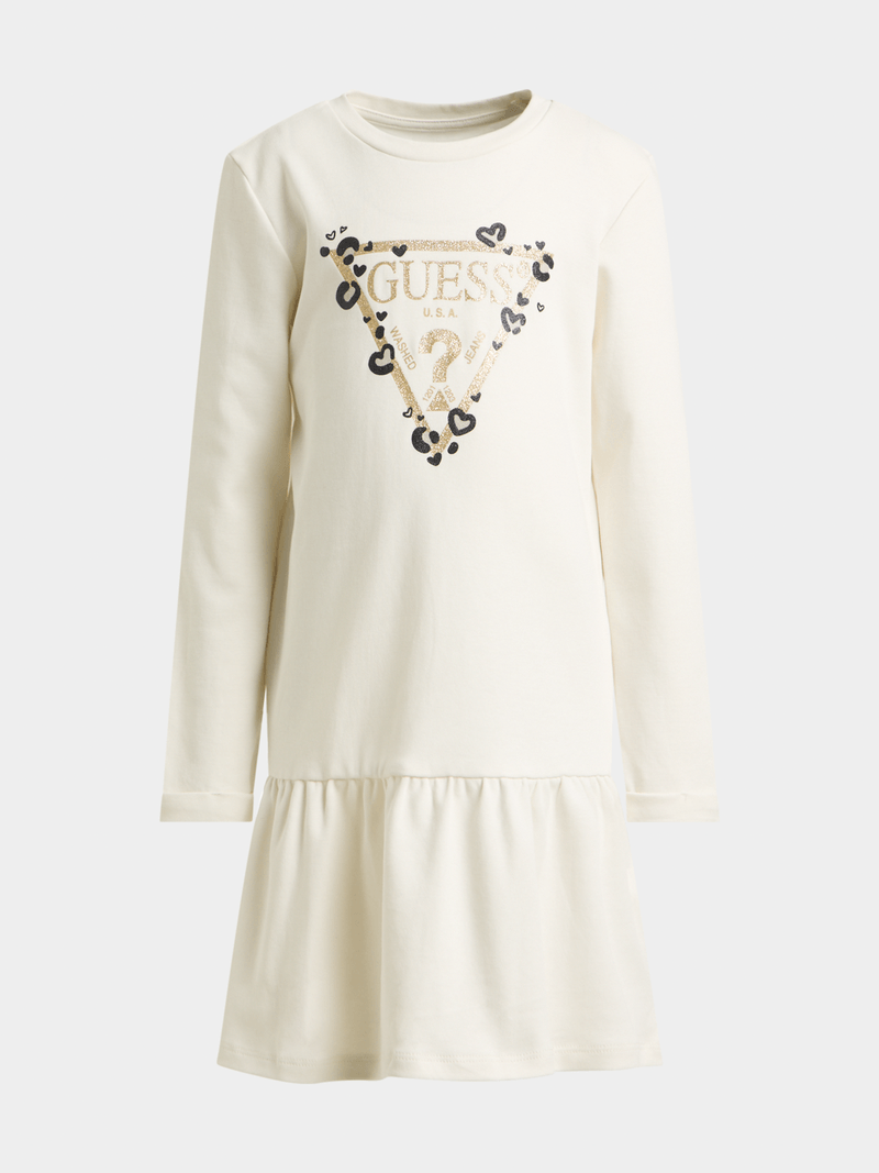 Guess Girls Long Sleeve Interlock Dress In Cream