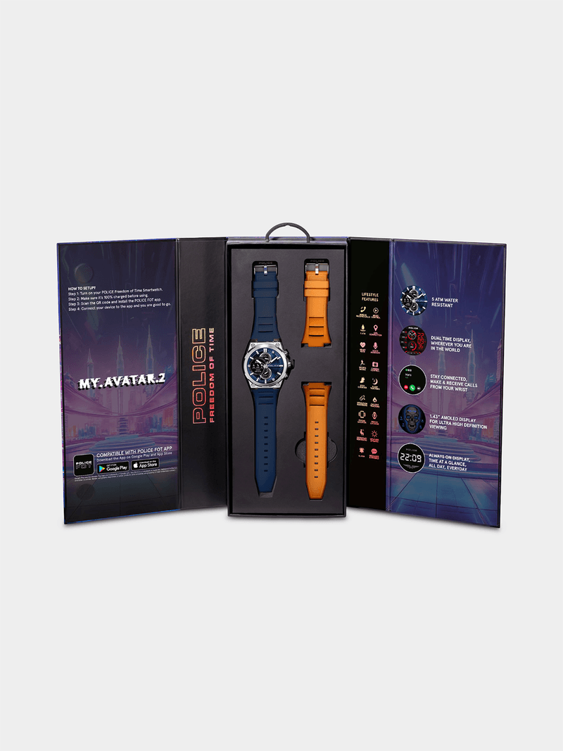 Police Mens My Avatar II Blue And Orange Silicone Smart Watch