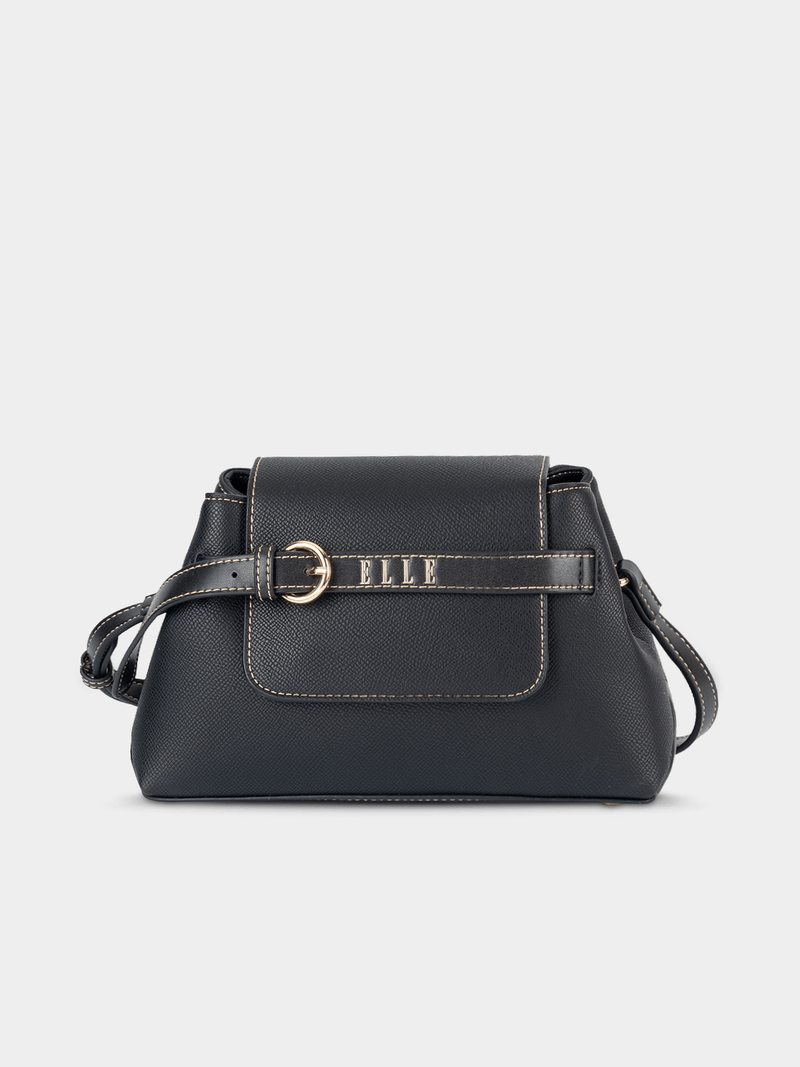Elle Womens Belt Buckle Flapover Sling Bag In Black