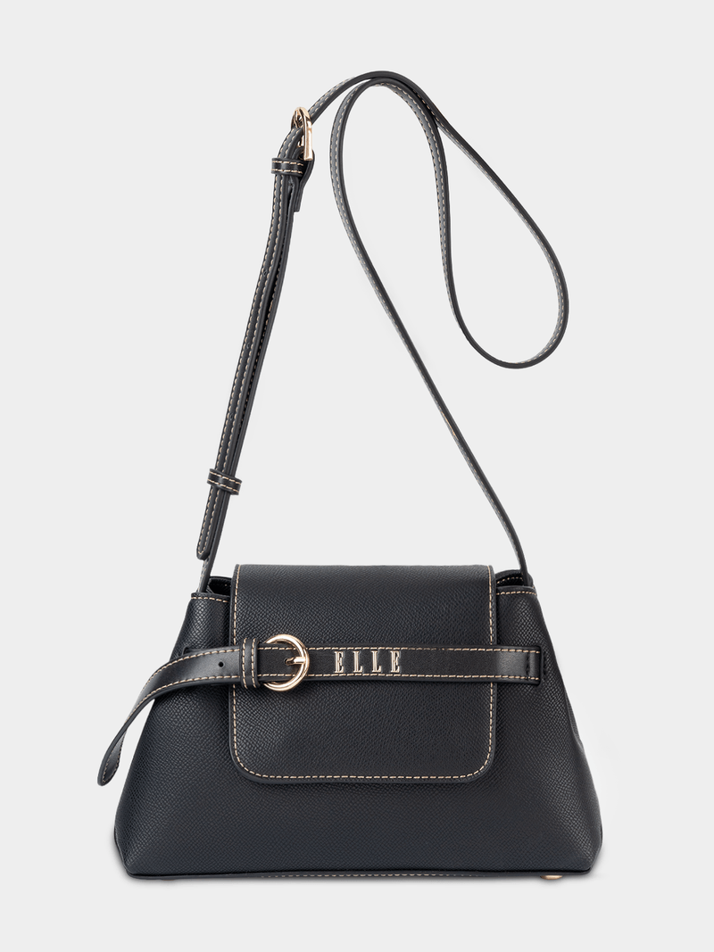 Elle Womens Belt Buckle Flapover Sling Bag In Black