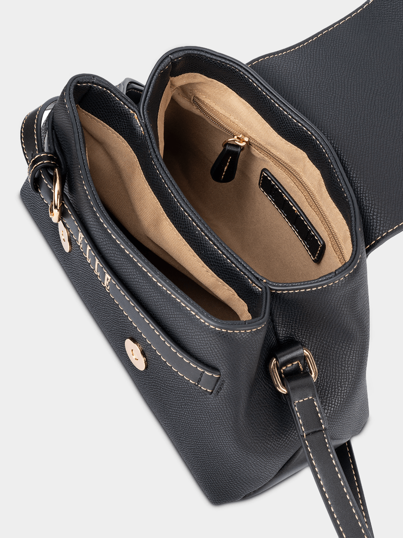 Elle Womens Belt Buckle Flapover Sling Bag In Black