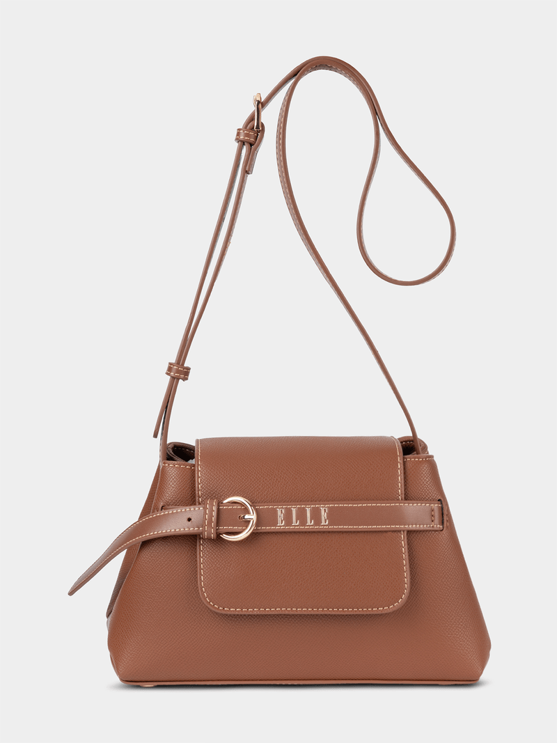 Elle Womens Belt Buckle Flapover Sling Bag In Tan