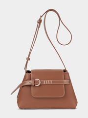 Elle Womens Belt Buckle Flapover Sling Bag In Tan