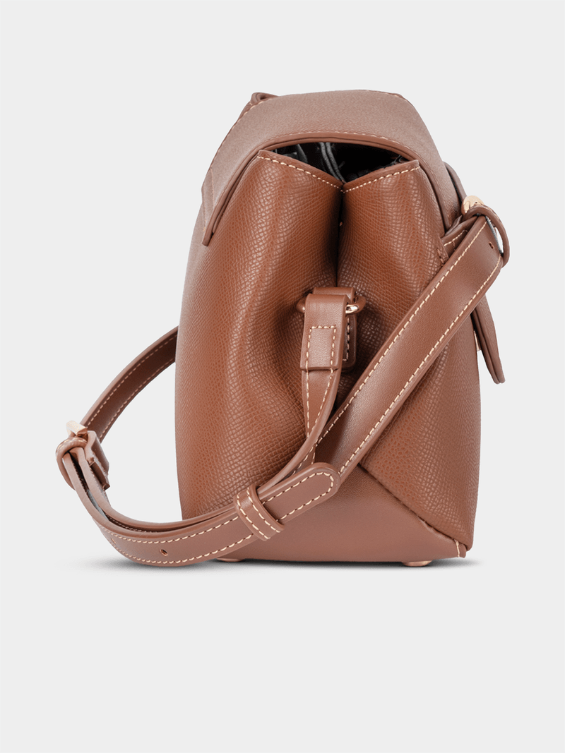 Elle Womens Belt Buckle Flapover Sling Bag In Tan