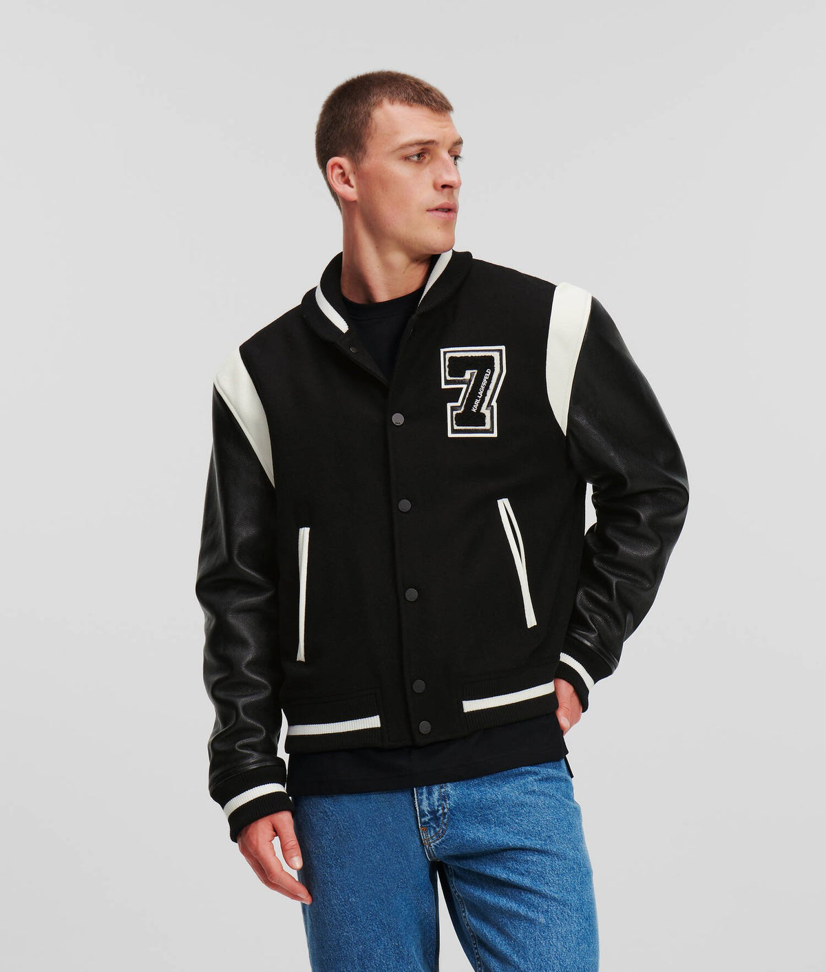 Karl Lagerfeld 240M1403 Varsity Bomber Jacket  Black