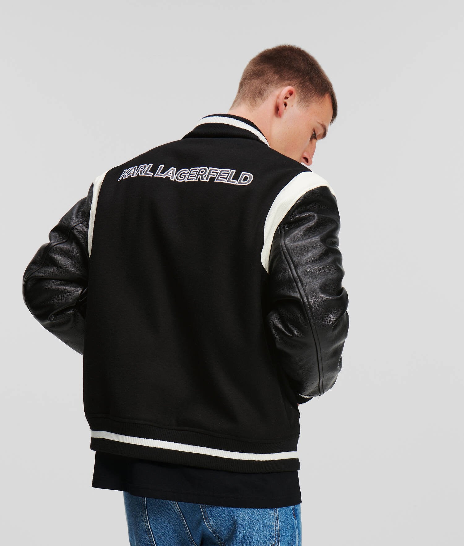 Karl Lagerfeld 240M1403 Varsity Bomber Jacket  Black