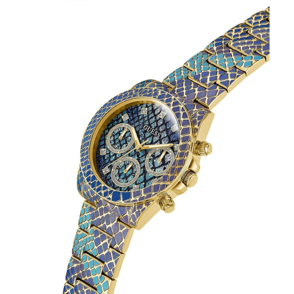 Guess Womens Serpentina Chronnograph Multi Function Watch In Blue/Purple/Gold