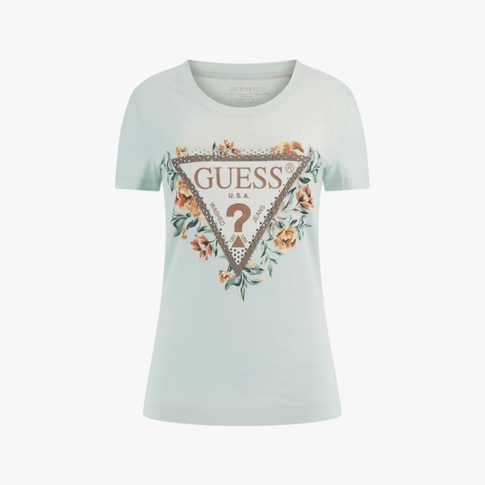 Guess Womens Short Sleeves Cn Triangle Flowers T-Shirt In White