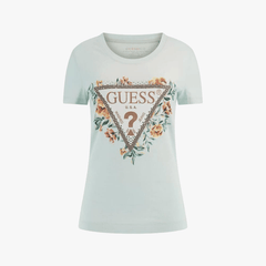 Guess Womens Short Sleeves Cn Triangle Flowers T-Shirt In White