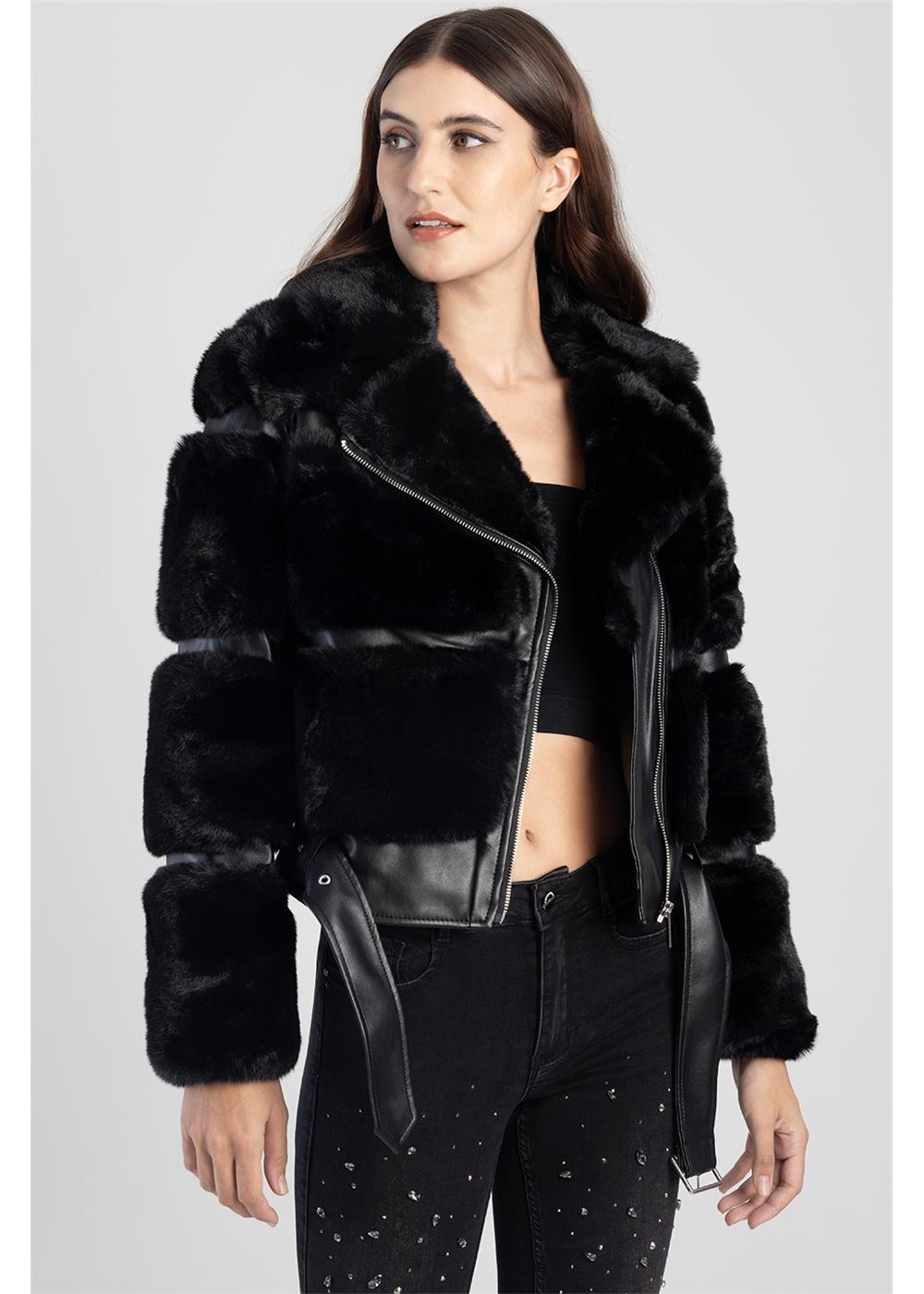 Sissyboy J28408 Ladies Fashion Faux Fur Jacket Black
