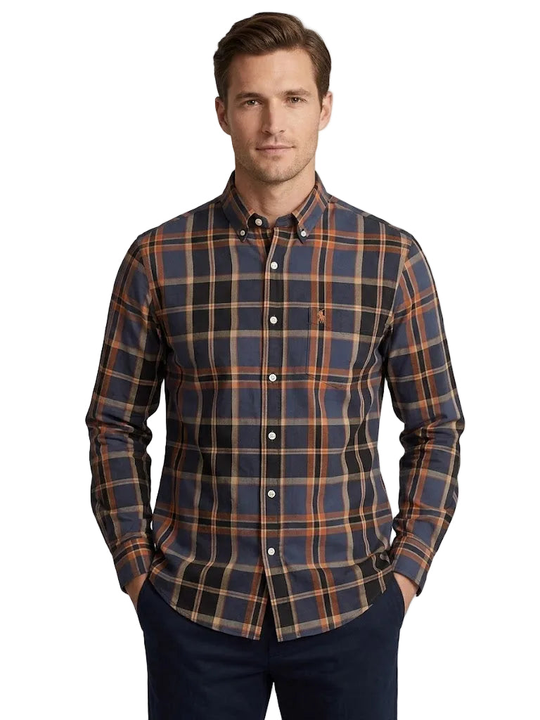 Polo Mens Long Sleeve Large Check Shirt In Orange And Navy