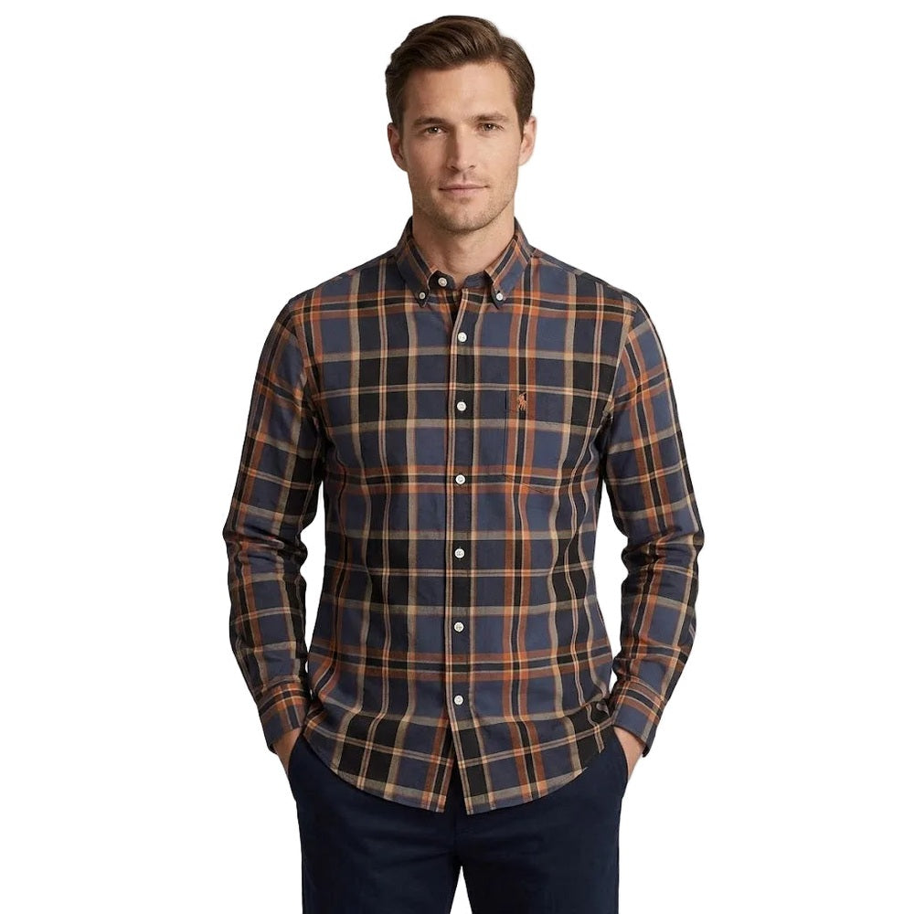 Polo Mens Long Sleeves Large Check Shirt In Orange/Navy