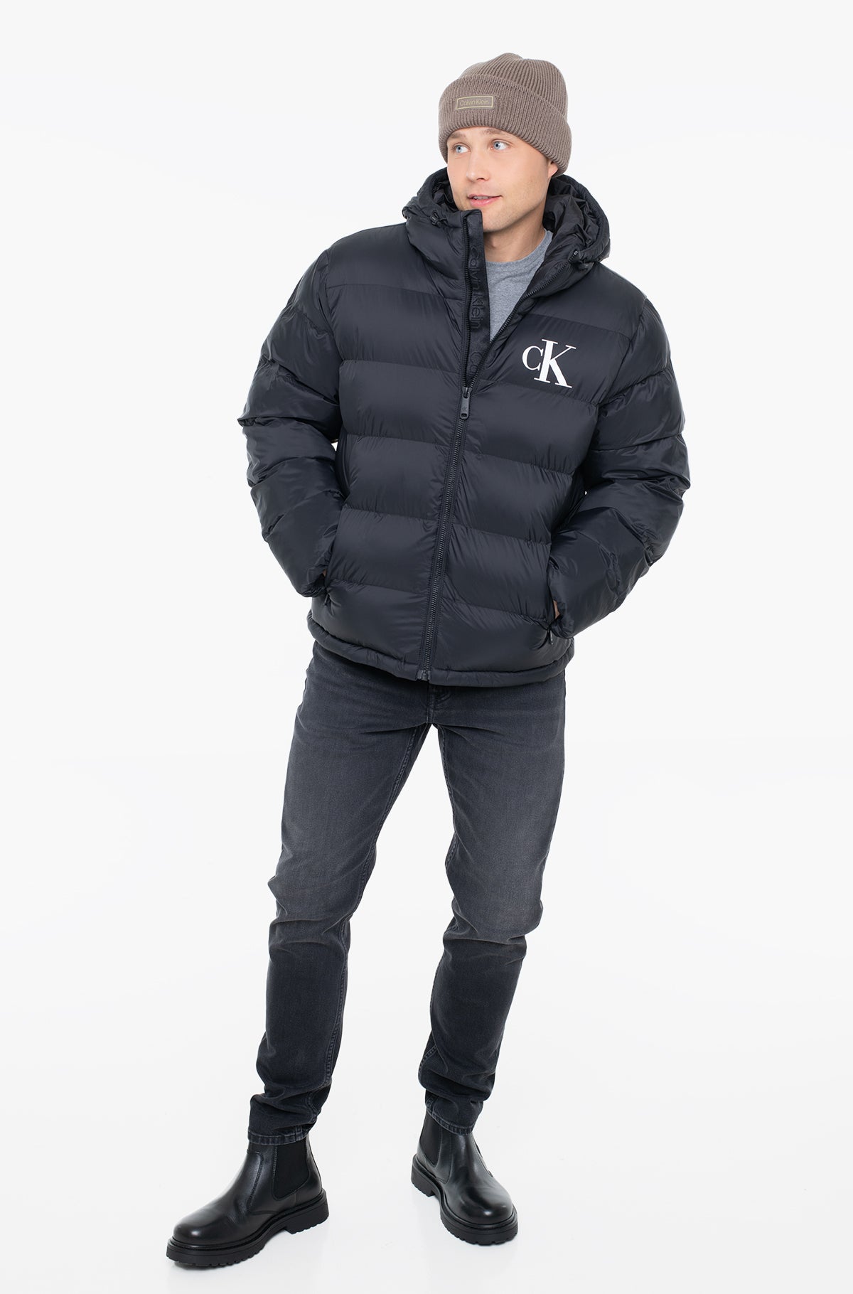 Calvin Klein Mens Nylon Monogram Puffer Jacket In Black