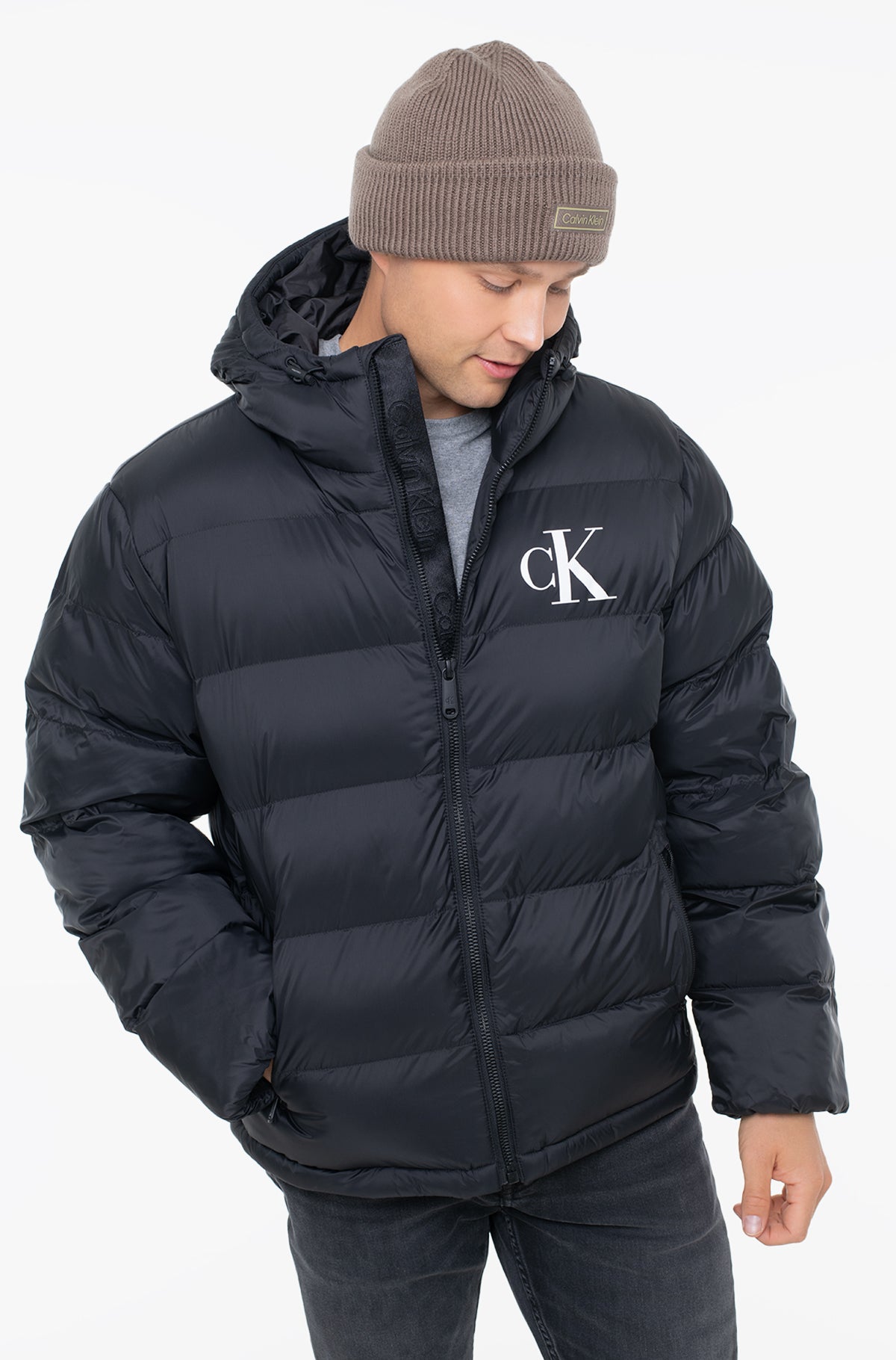 Calvin Klein Mens Nylon Monogram Puffer Jacket In Black
