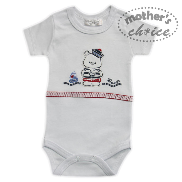 Mother's Choice Girls 100% Combed Cotton Romper Sailor Bear In White Multi