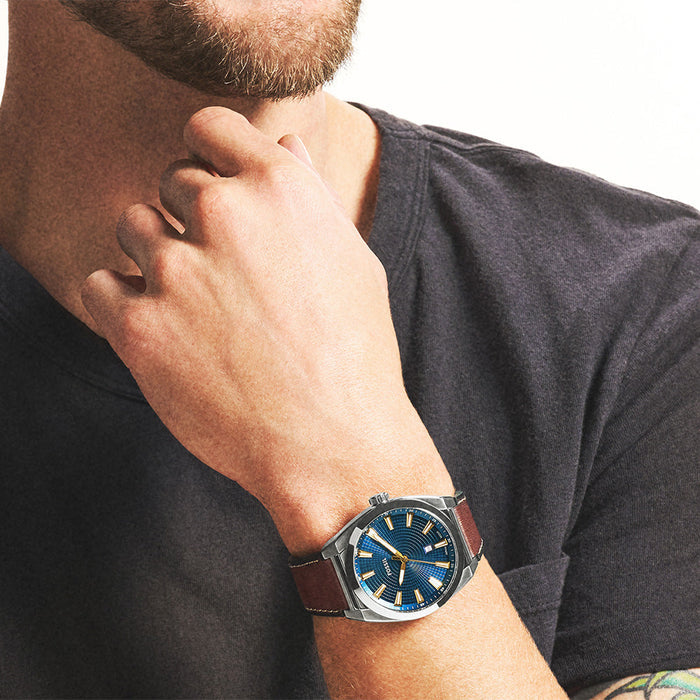 Fossil Everett Blue Dial Three Hand Date Brown Leather Men'S Watch