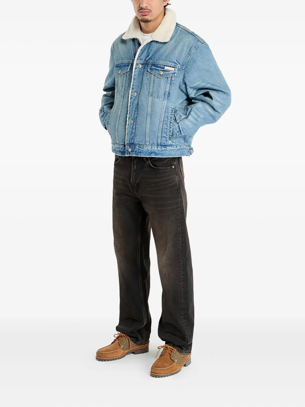 Calvin Klein Unisex Sherpa Trucker Tinted Thundra Denim Jacket In Denim