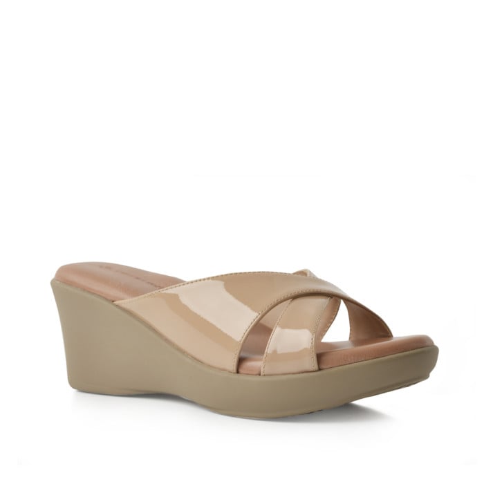 Green Cross Ladies High Wedge Cross Over Mule Sandal In Nude