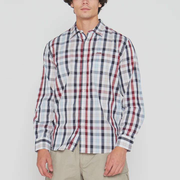 Jeep Mens Long Sleeve Yarn Dyed Check Shirt In Burgandy