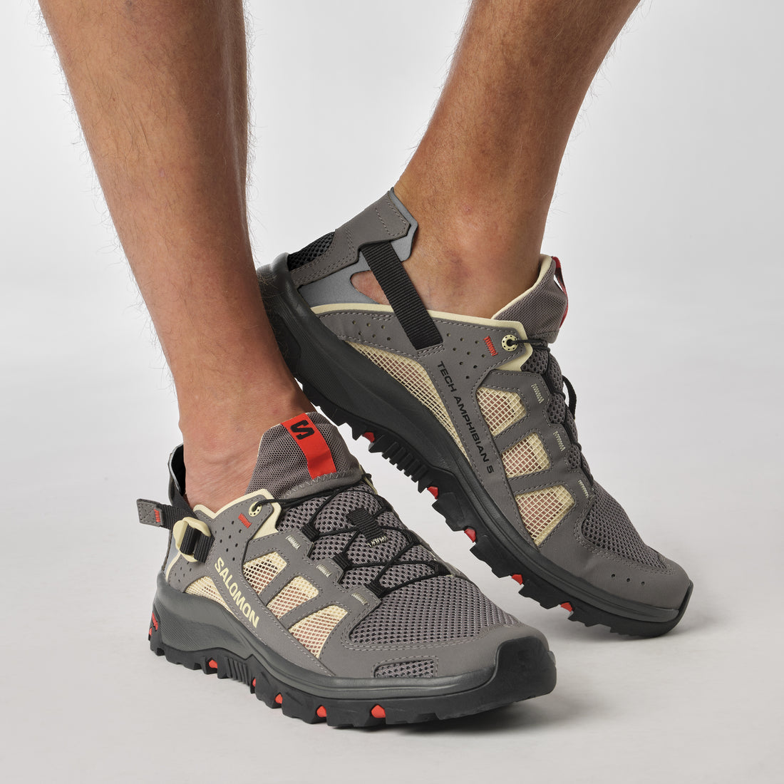 Salomon Mens Techamphibian 5 Shoes In Pewter/Moth/Fiery Red