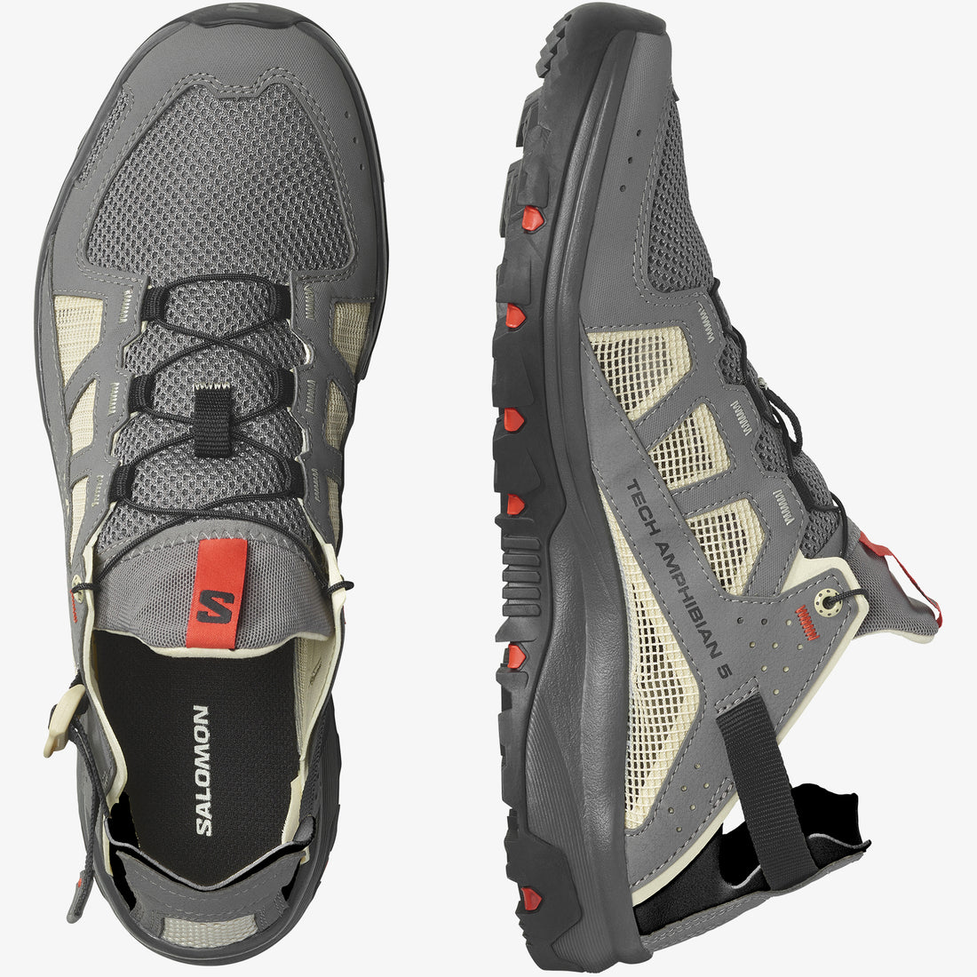 Salomon Mens Techamphibian 5 Shoes In Pewter/Moth/Fiery Red