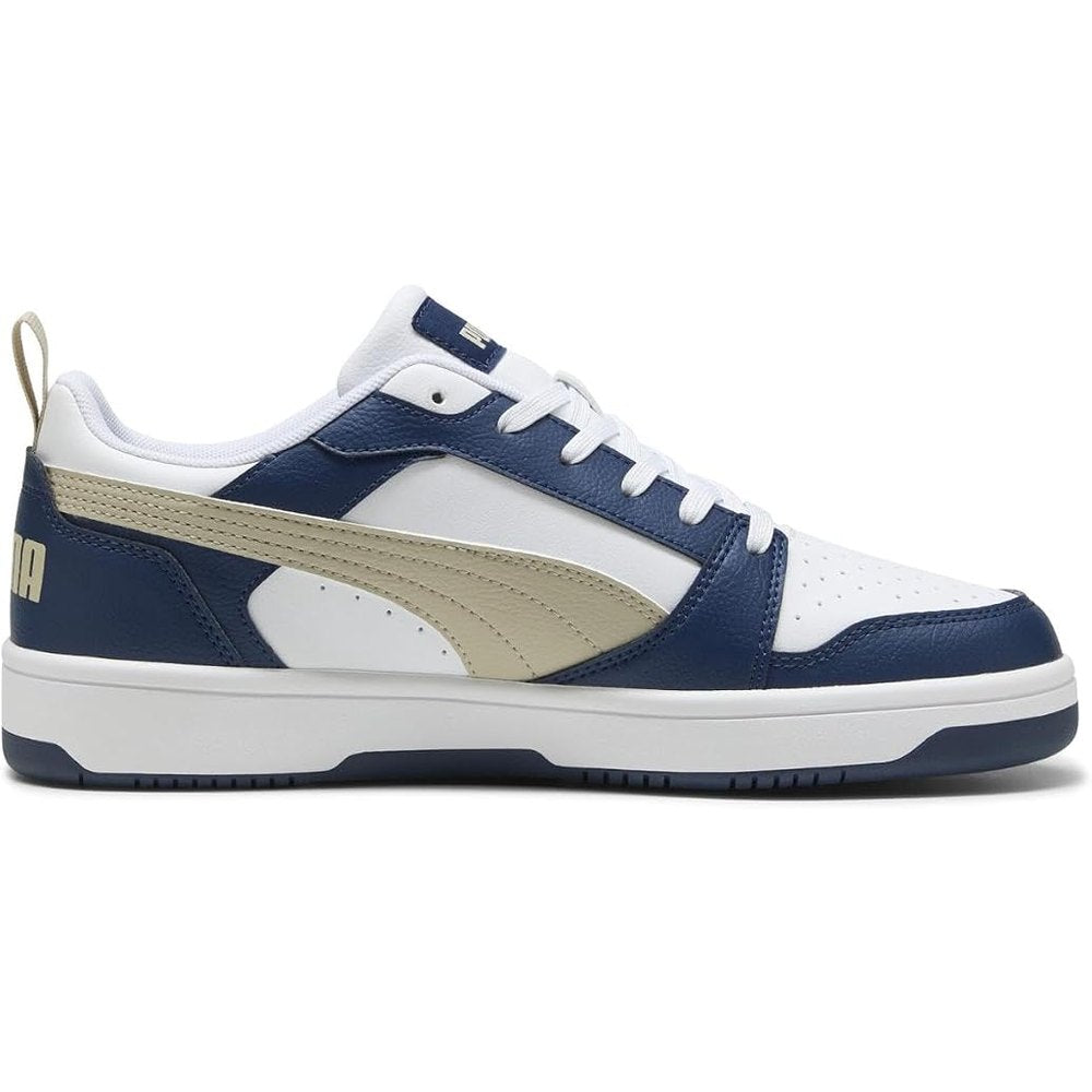 Puma Mens Rebound V6 Low Sneakers In White/Desert Dust/Blue