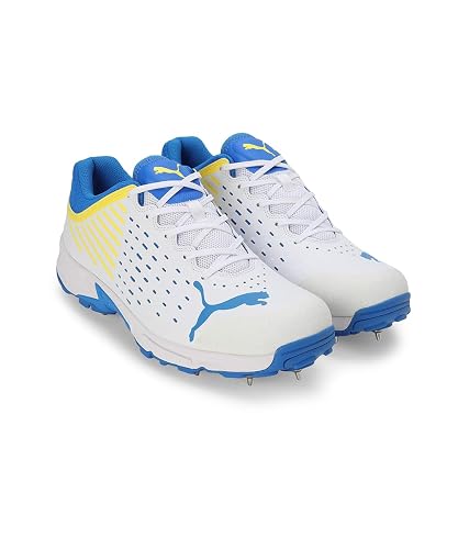 Puma Mens Spike Cricket Shoes In White/Blue/Yellow