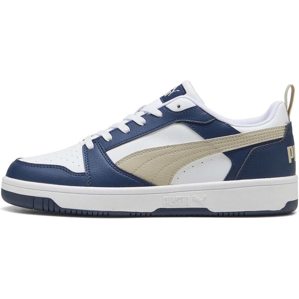 Puma Mens Rebound V6 Low Sneakers In White/Desert Dust/Blue