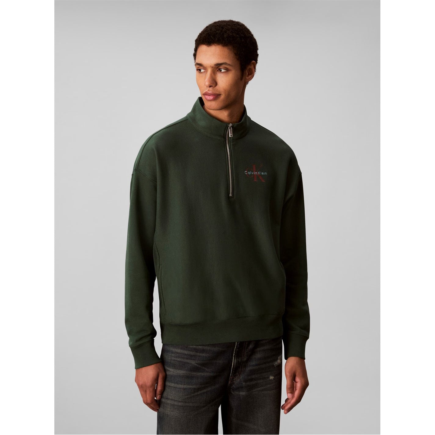 Calvin Klein Terry Micro Monologo Quarter Zip In Dark Green