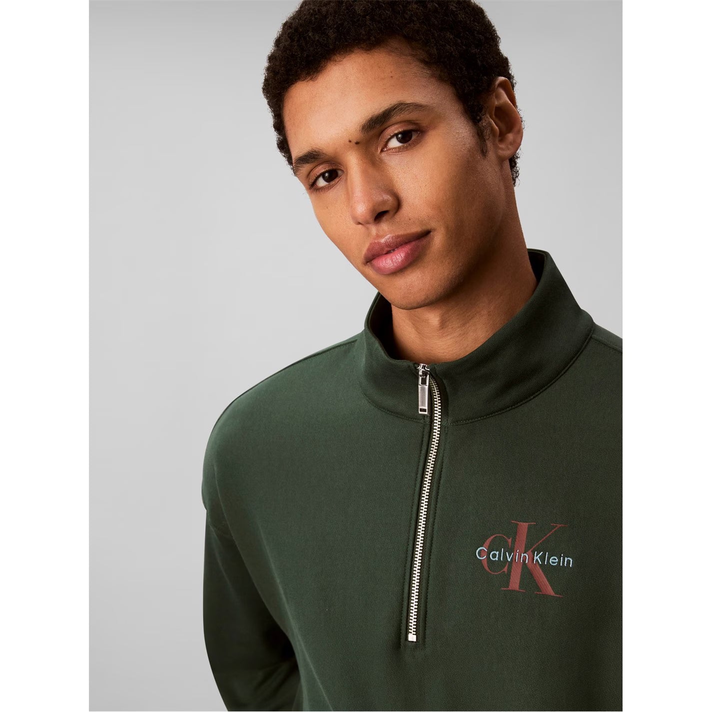 Calvin Klein Terry Micro Monologo Quarter Zip In Dark Green