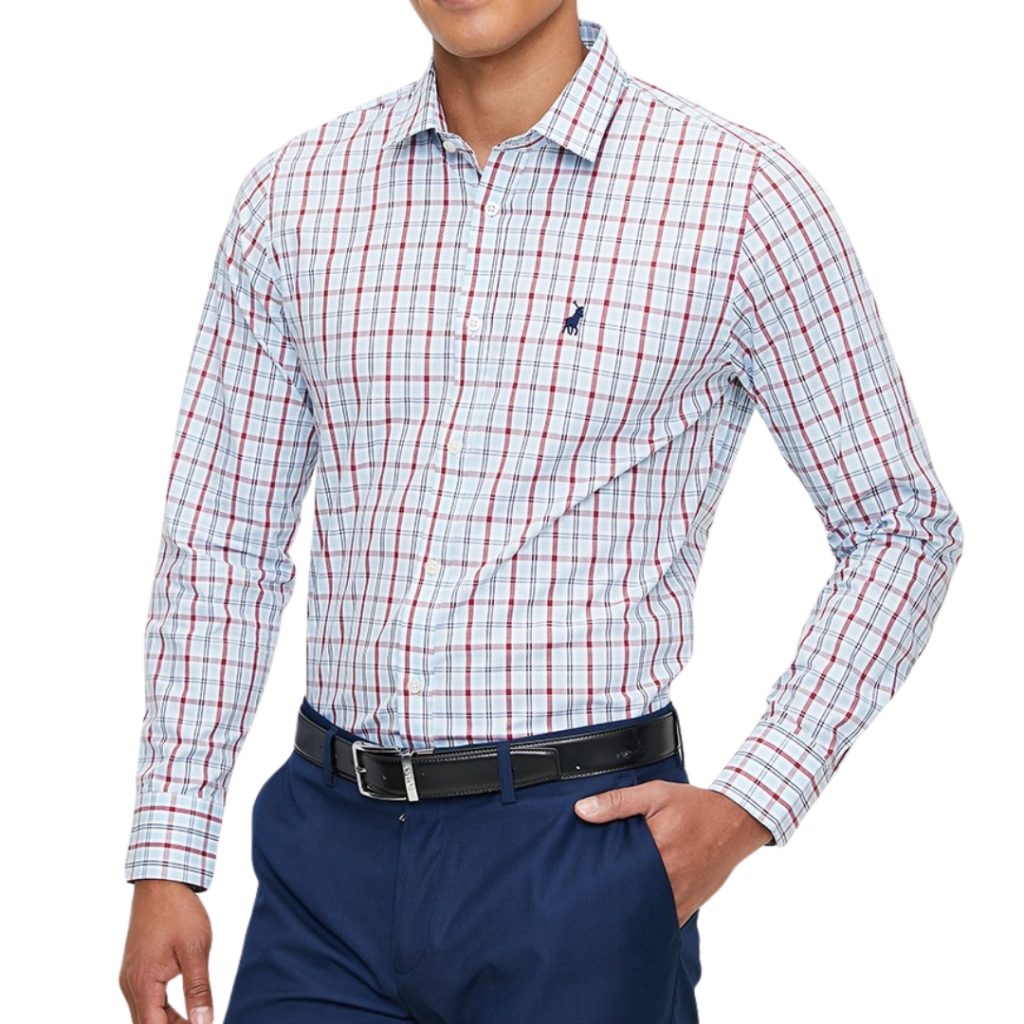 Polo Mens Long Sleeve Small Check Shirt In Light Blue