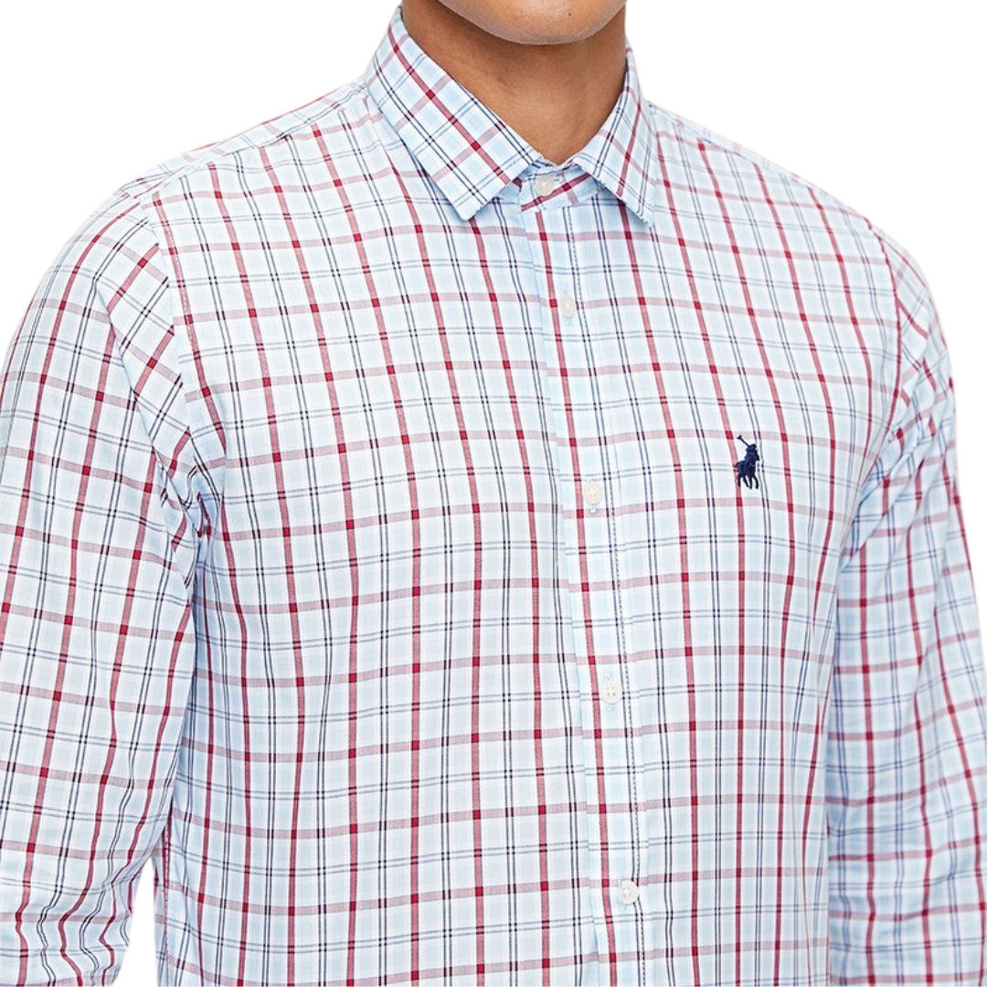 Polo Mens Long Sleeve Small Check Shirt In Light Blue