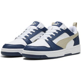 Puma Mens Rebound V6 Low Sneakers In White/Desert Dust/Blue