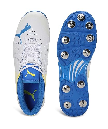 Puma Mens Spike Cricket Shoes In White/Blue/Yellow