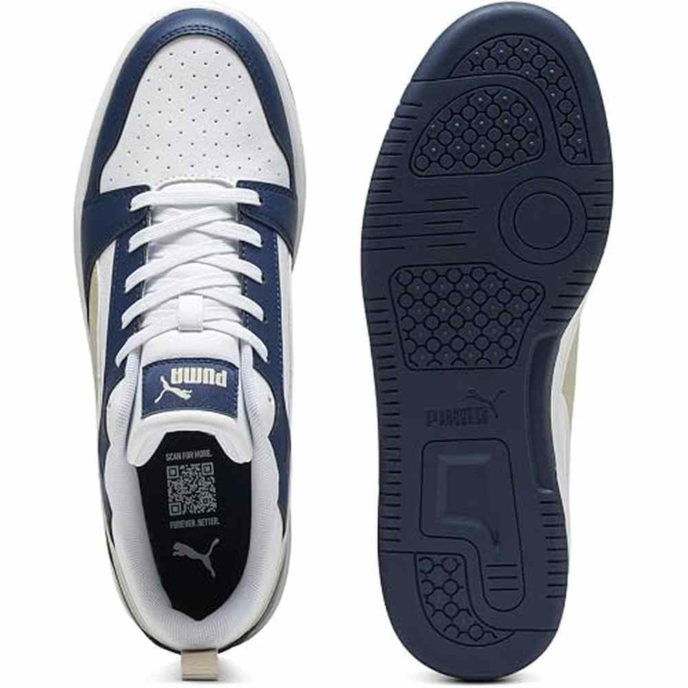 Puma Mens Rebound V6 Low Sneakers In White/Desert Dust/Blue