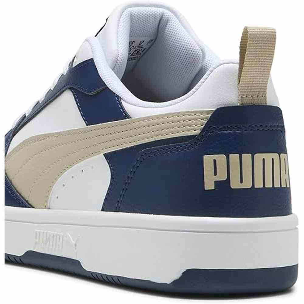 Puma Mens Rebound V6 Low Sneakers In White/Desert Dust/Blue