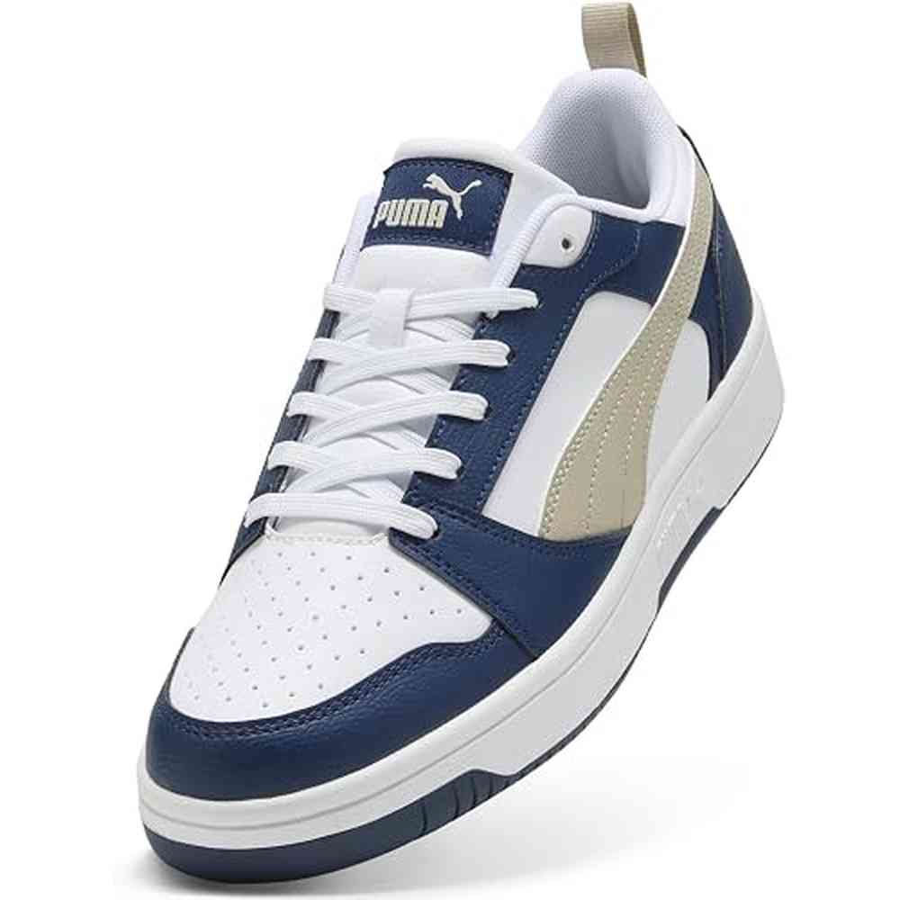 Puma Mens Rebound V6 Low Sneakers In White/Desert Dust/Blue