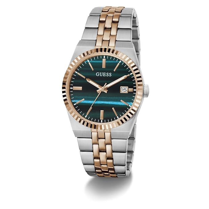Guess Mens Vincent Two Tone Analogue Stainless Steel Watch In Silver/Gold/Green Dial