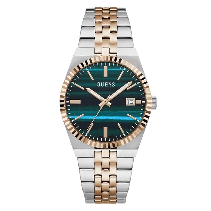 Guess Mens Vincent Two Tone Analogue Stainless Steel Watch In Silver/Gold/Green Dial