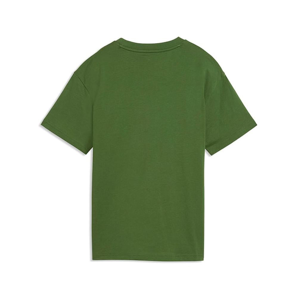 Puma Boys Essential Logo Lab Front Graphic T-Shirt In Earthy Green/Peach Glow/White