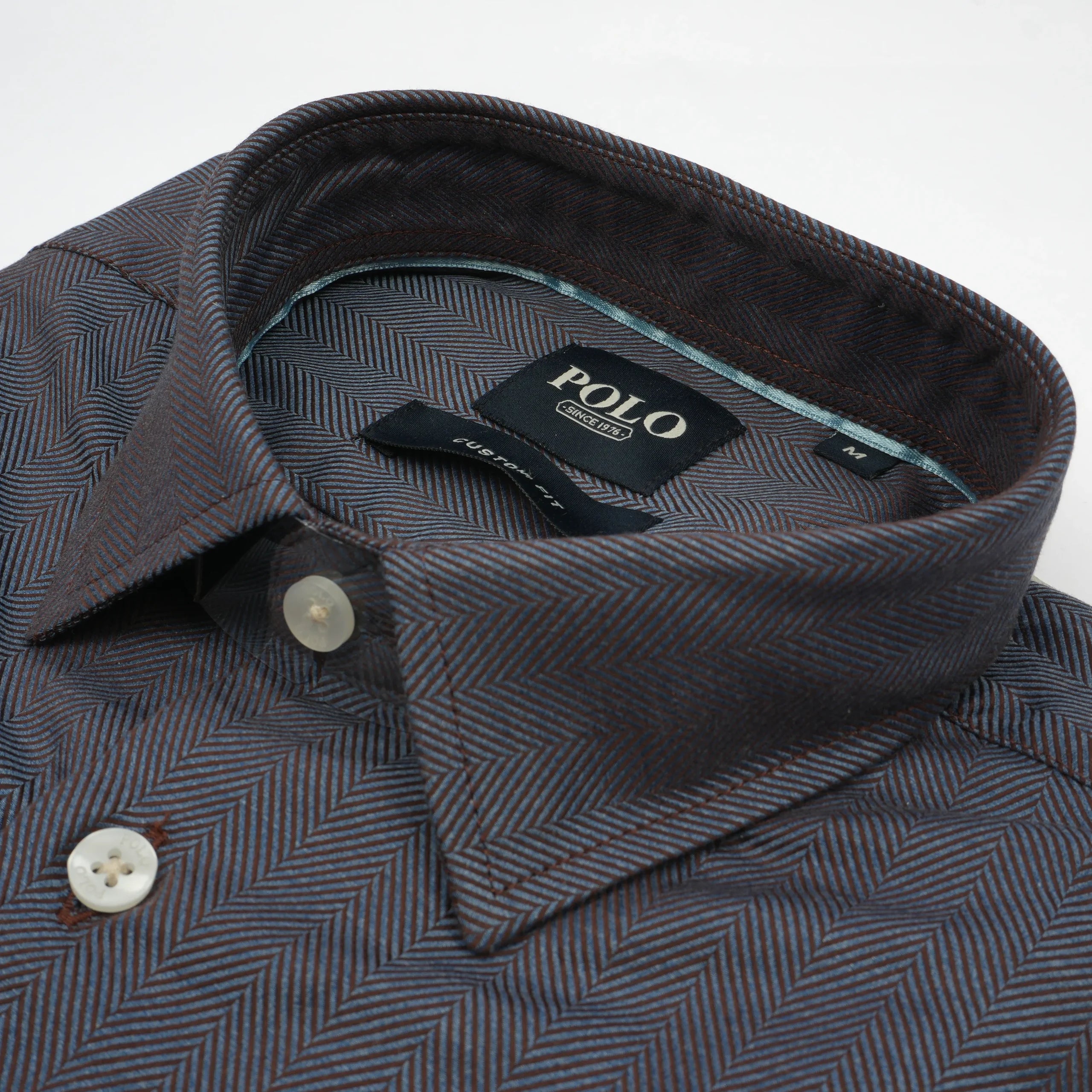 Polo Mens Herringbone Long Sleeve Shirt In Brown And Blue