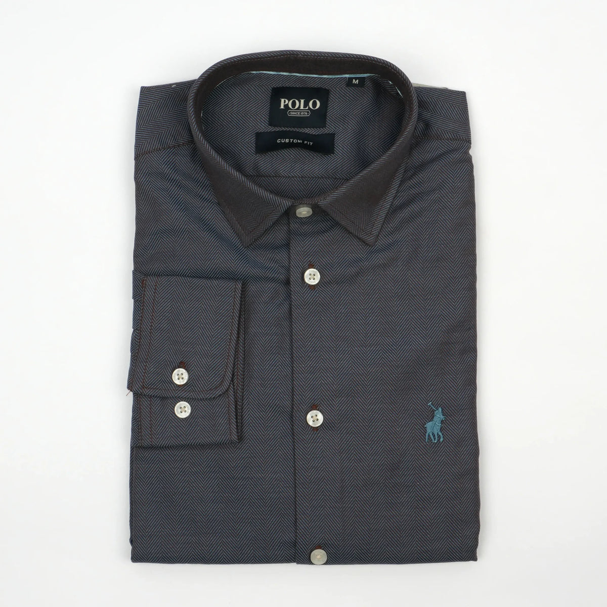 Polo Mens Herringbone Long Sleeve Shirt In Brown And Blue